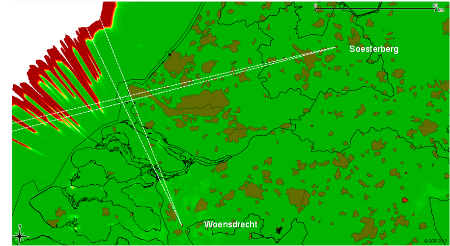 Detectiekans van het MASS primaire verkeersleidingsradarnetwerk in de schaduw van het bouwplan Variant Groot In Figuur 17 is het gebied aangegeven waar mogelijk schaduwwerking kan optreden als gevolg