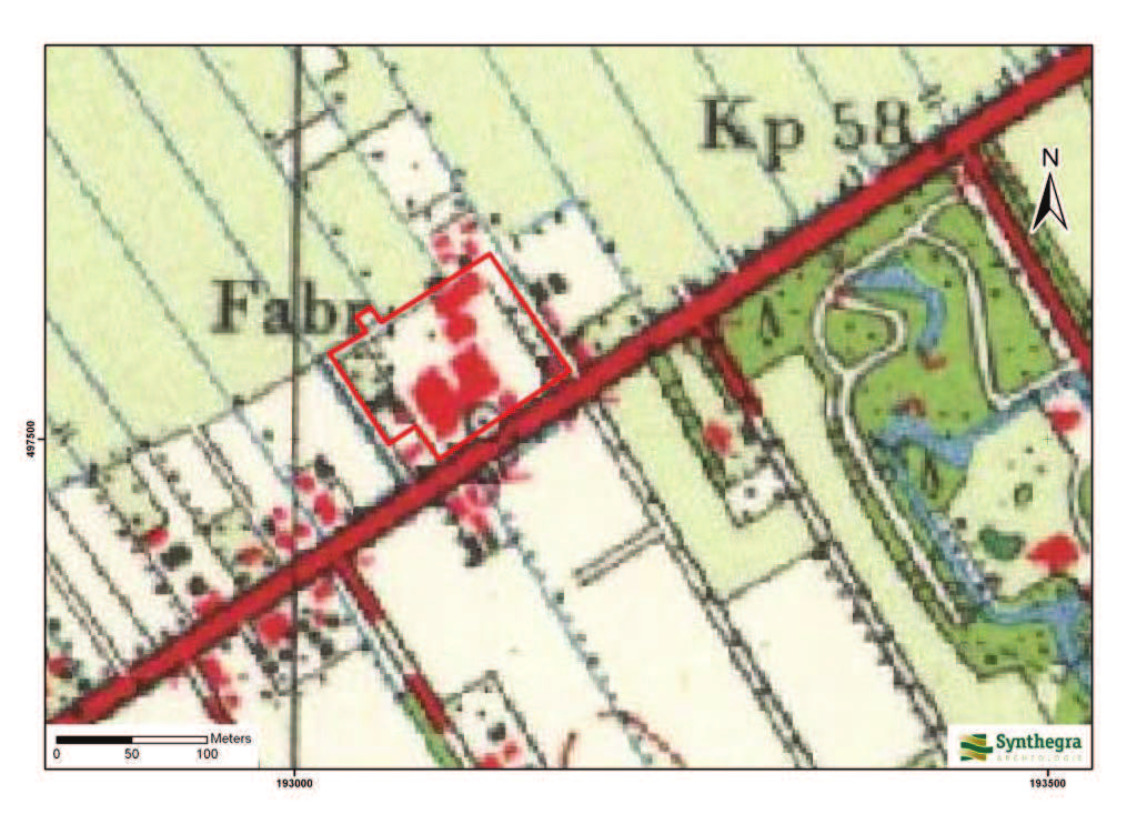 Afbeelding 2.6: Ligging van het plangebied op de kaart uit 1897, aangegeven met het rode kader (Bron: Uitgeverij Nieuwland 2005, Gelderland, blad 319). Afbeelding 2.