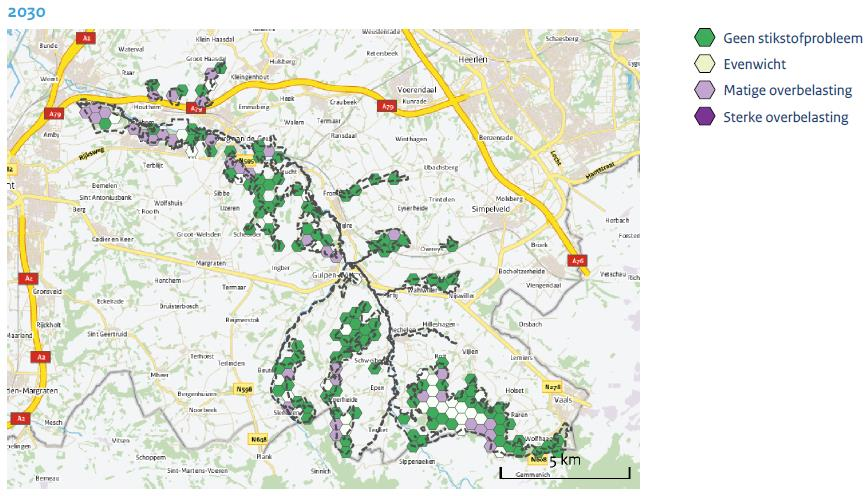 Figuur 3.7 Stikstofbelasting per hexagoon Geuldal 2030 (bron: AERIUS M.2014.2.1) In de huidige situatie (figuur 3.