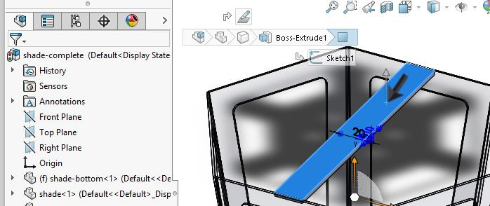 137 Bemaat (met Smart Dimensions) de rechthoek zoals je hiernaast ziet. 138 Klik in de FeatureManager op Features. Klik op Extruded Boss. 139 Om de extrusie te maken stel je het volgende in: 1.