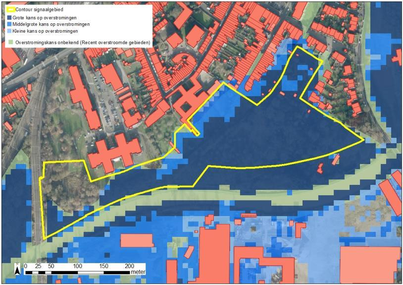 Figuur: De blauwe contouren geven de huidige overstromingskans weer. Hoe donkerder blauw, hoe groter de overstromingskans.