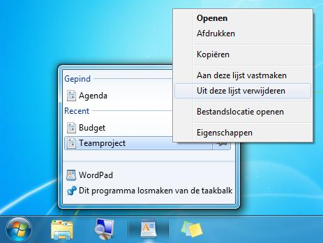 Een onlangs geopend item verwijderen uit een Ga naar-lijst Als u een onlangs geopend item volledig wilt verwijderen uit een Ga naar-lijst, klikt u met de rechtermuisknop op het item en klikt u