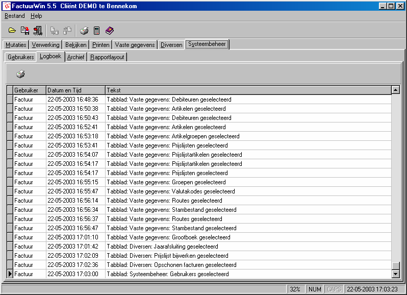 Systeembeheer 8.2 Logboek Van alle handelingen die in een administratie plaatsvinden worden aantekeningen gemaakt in het logboek.