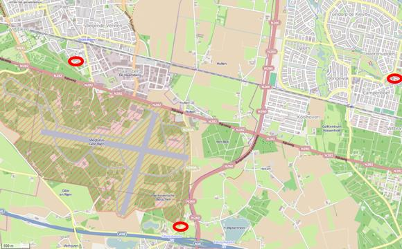 2. Meetlocaties In onderstaande figuur zijn met de rode ovalen de meetlocaties aangeven. Figuur 1: overzicht meetlocaties, met van links naar rechts de locaties Rijen, Gilze en Tilburg.