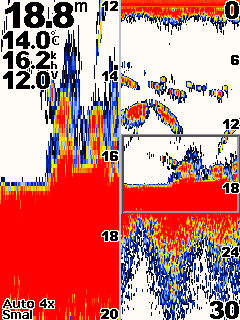 Informatie over het gesplitste zoom-scherm Selecteer in het startscherm gesplitste zoom om alle echoloodgegevens en een ingezoomd gedeelte in hetzelfde scherm weer te geven.