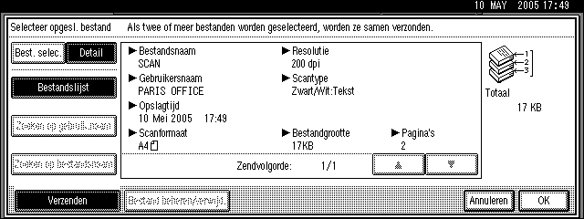 De lijst met opgeslagen bestanden weergeven De lijst bekijken De lijst met opgeslagen bestanden omvat de volgende elementen. De weergegeven functieonderdelen fungeren als selectietoetsen.