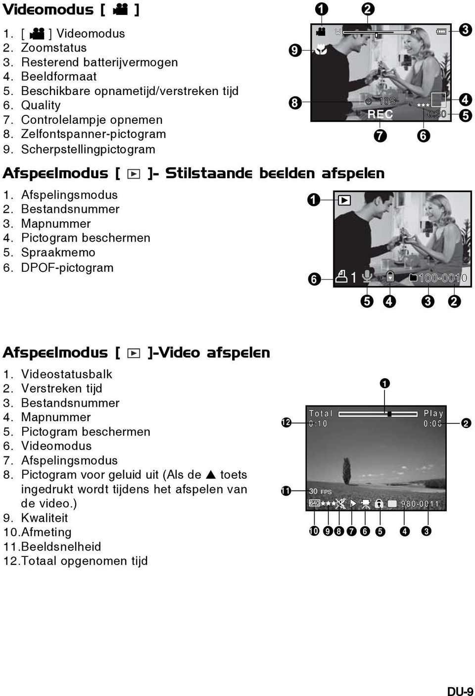 DPOF-pictogram 6 1 Afspeelmodus [ ]-Video afspelen 1. Videostatusbalk 2. Verstreken tijd 3. Bestandsnummer 4. Mapnummer 5. Pictogram beschermen 6. Videomodus 7. Afspelingsmodus 8.