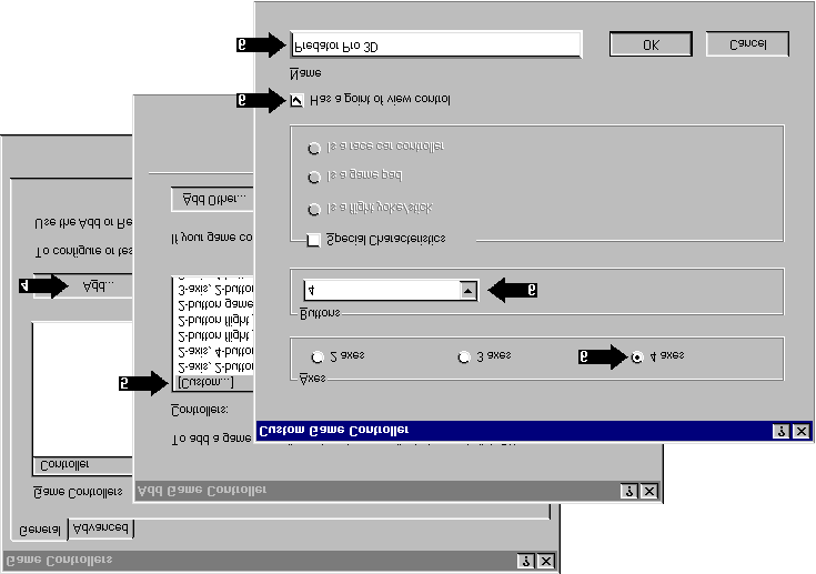 5. Klik op Toevoegen om een joystick toe te voegen. Zie figuur 2. Figuur 2: Joystick toevoegen in Windows 95 / 98 6. Voeg een joystick op maat toe. 7.