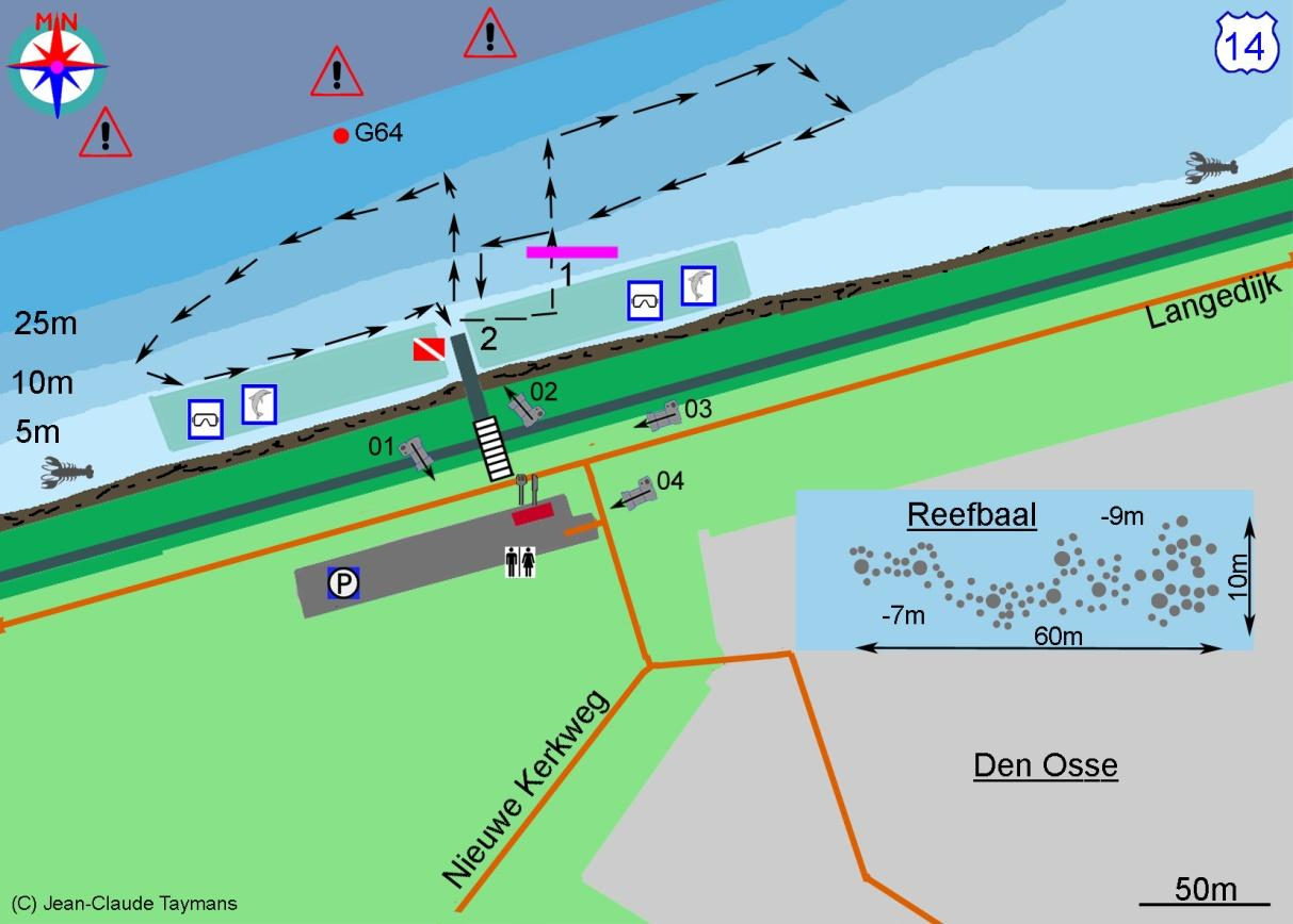 Grevelingen Den Osse 1. Reefbaal 2. Jetée de mise à l eau avec échelle Depuis son aménagement en 2002, ce site connait un intérêt croissant auprès des plongeurs.