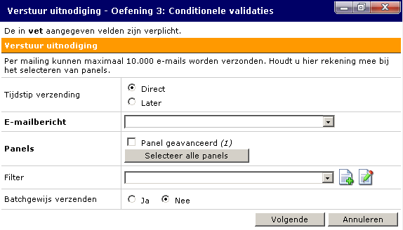 U selecteert eerst de betreffende vragenlijst in het overzichtsscherm van de vragenlijsten. En klikt dan op Verstuur uitnodiging.