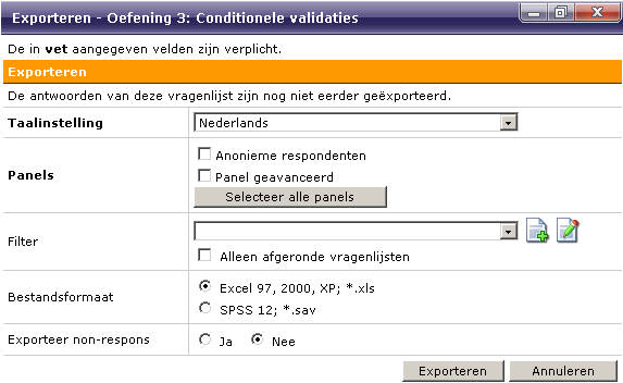 U krijgt nu een overzicht te zien van de panels die verbonden zijn aan de betreffende vragenlijst. Indien u de resultaten van een bepaald panel wilt uitsluiten, deselecteert u het betreffende panel.