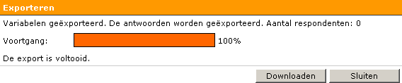 Dit bestand heeft een vaste bestandsnaam data[jaar][maand][dag].xls of -.sav. Details over beide opties kunt u vinden in paragraaf 11.3. U kunt ook een export per vraag opvragen.