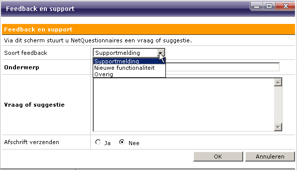 3.8 Feedback en support Via het menu Feedback en support kunt u een e-mail sturen aan de afdeling helpdesk van NetQuestionnaires.