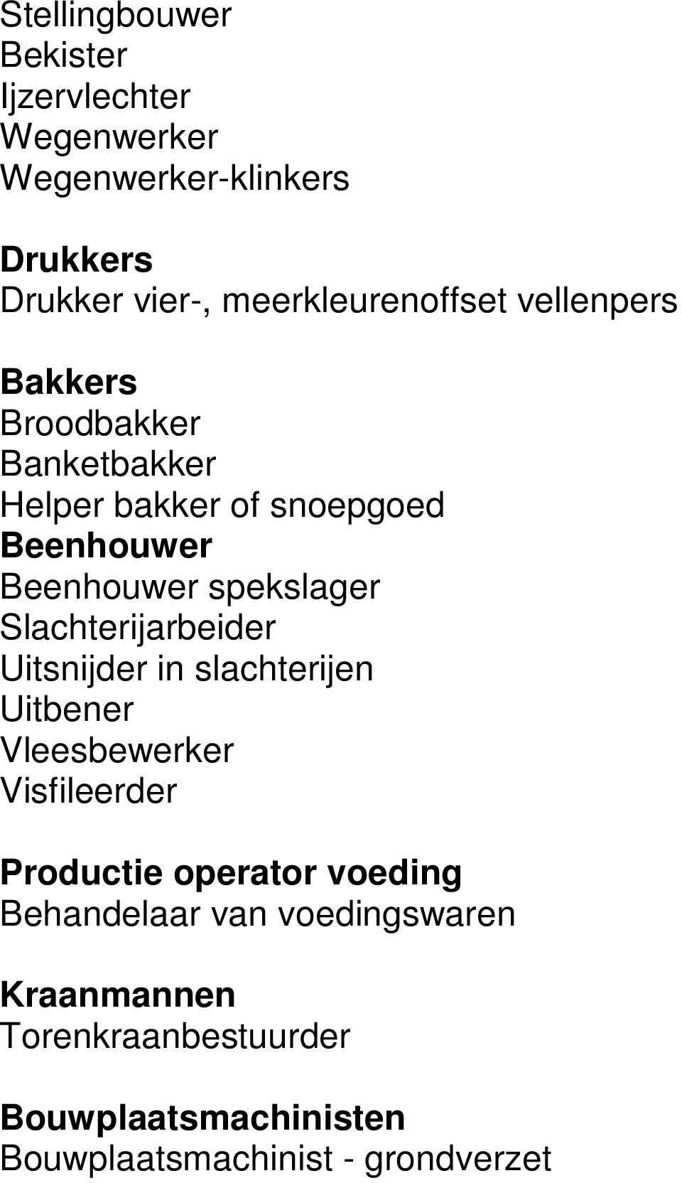 spekslager Slachterijarbeider Uitsnijder in slachterijen Uitbener Vleesbewerker Visfileerder Productie