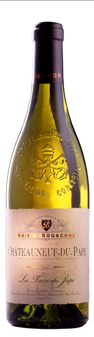 Wijn 1 La Tiare du Pape blanc 2011 Maison Bouachon Bodem : klei, mergel, ronde kwartzstenen Rassen : 60% Grenache blanc, 20 % Roussanne,