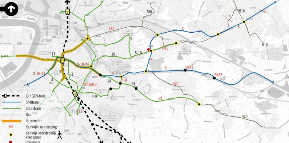 Figuur 12: openbaar vervoer Antwerpen Turnhout - te onderzoeken scenario s Bron: corridorstudie openbaar vervoer tussen Antwerpen en Turnhout, Oriëntatienota, mei 2013 In de oriëntatienota worden een