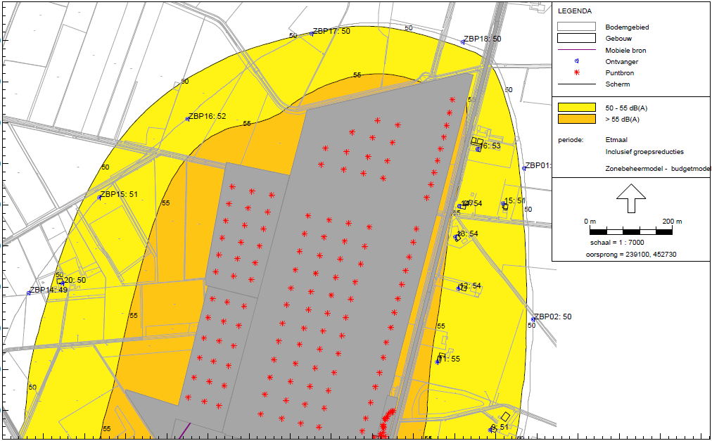 HOOFDSTUK 5 Berekeningsresultaten De geluidscontouren zijn berekend met het budgetmodel aangepast aan de nieuwe situatie voor Rouwmaat Groenlo en de beoogde uitbreiding van het bedrijventerrein en