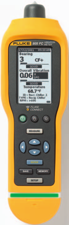 Fluke 805 FC Trillingsmeter Technische gegevens Nu compatibel met Fluke Connect Mobile App De betrouwbare, reproduceerbare, nauwkeurige methode om lagers en algemene trillingsniveaus te controleren.