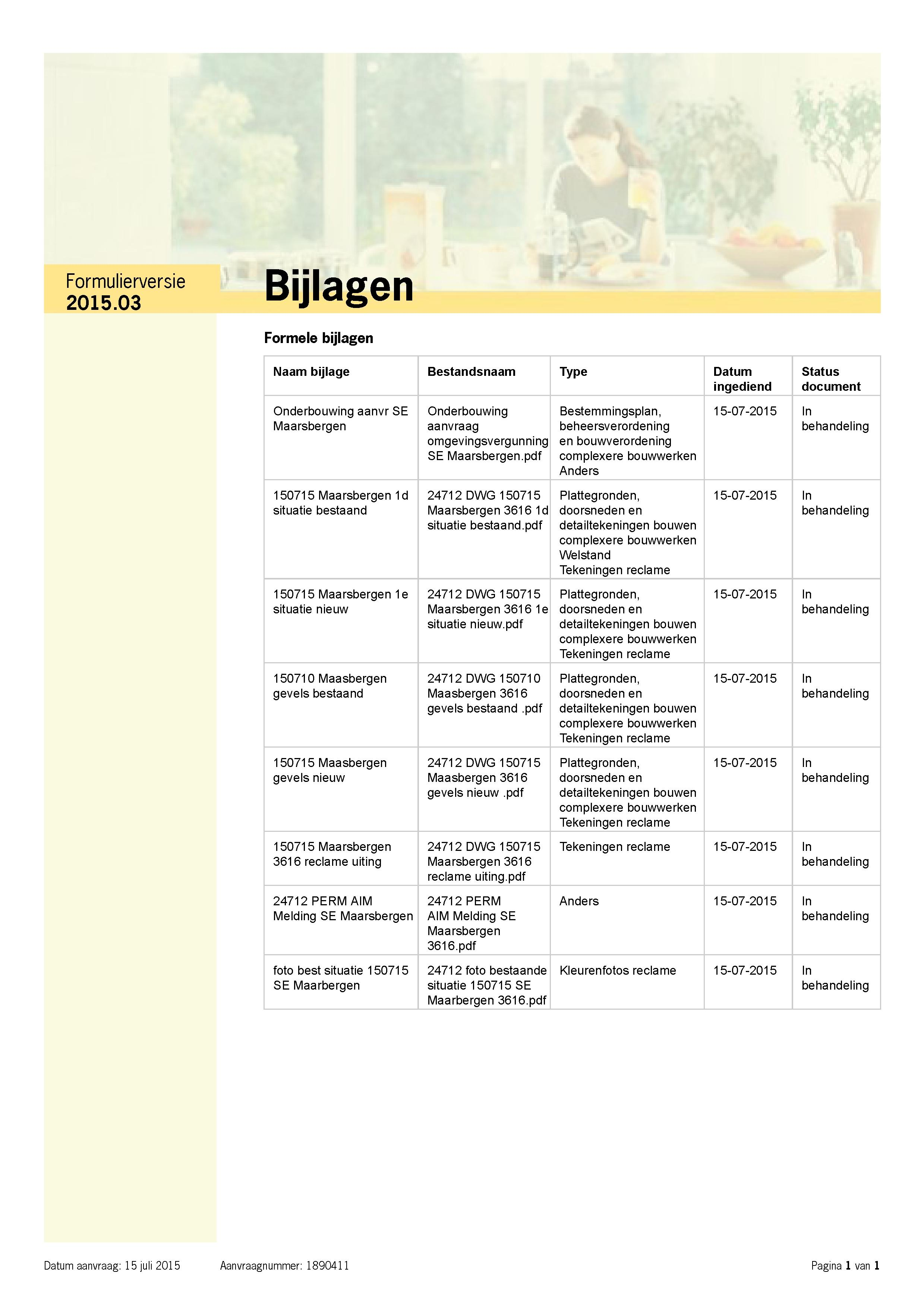 Formulierversie B iĩ l a g e i 1 Formele bijlagen Naam bijlage Bestandsnaam Type Datum ingediend Status document Onderbouwing aanvr SE Maarsbergen 150715 Maarsbergen 1d situatie bestaand 150715