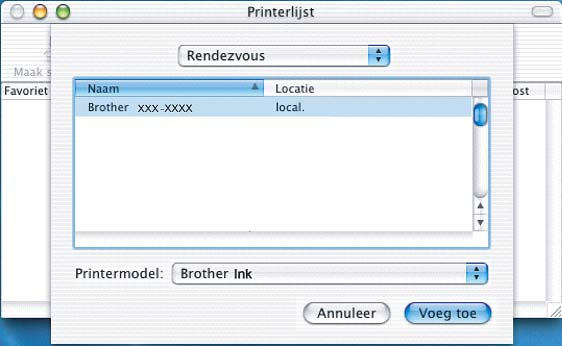 Drdloos netwerk Mcintosh Als de mchine is geconfigureerd voor uw netwerk, selecteert u de mchine in de lijst en klikt u op OK.