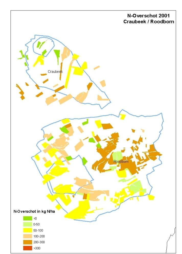 Figuur 14: stikstofoverschotten 2001 en 2008 Roodborn en Craubeek Figuur 15: