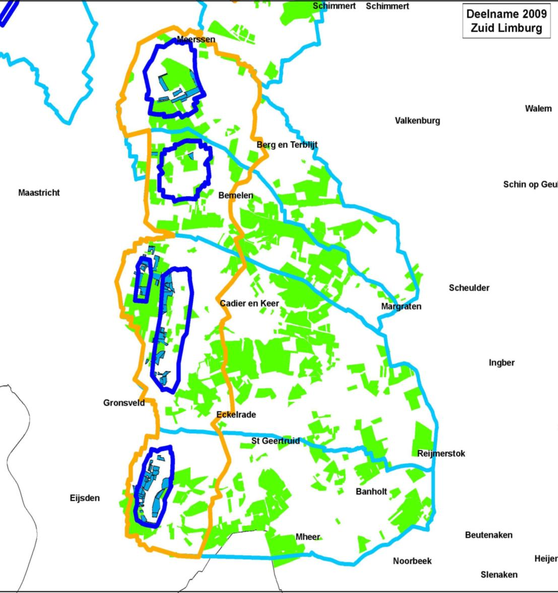 III. LIGGING DEELNEMENDE PERCELEN, DEELNAME 2009 Kaarten zijn weergegeven in volgorde van Zuid naar Noord Legenda: Prioritaire zone