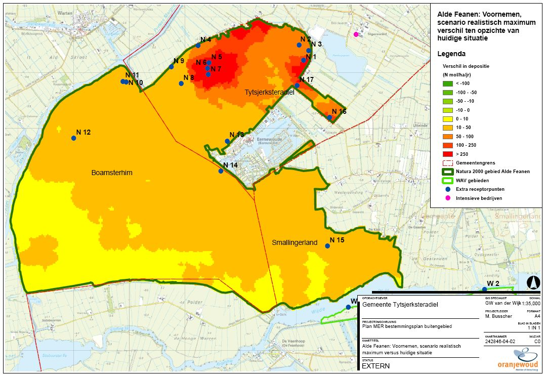 Figuur 5.1: Voornemen, scenario realistisch groei, verandering bijdrage landbouw aan stikstofdepositie ten opzichte van huidige situatie.