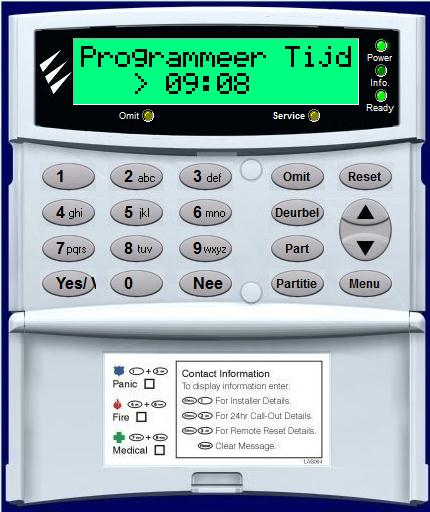 Programmeer tijd / klok aanpassen: Mastercode + menu + 9, dan verschijnt > programmeermenu geef code >?