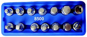 8500 Set carterplug dopsleutels (14) met 3/8" aansluiting Zeskant 8-9 - 10-12 -14-17, vierkant 7-8 - 11-13 - 5/16" - 3/8", driekant adapter voor Renault, 3/8" vierkant inw.