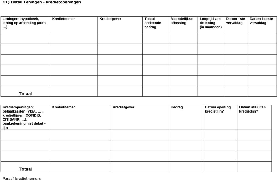 vervaldag Datum laatste vervaldag Totaal Kredietopeningen: betaalkaarten (VISA, ), kredietlijnen (COFIDIS,