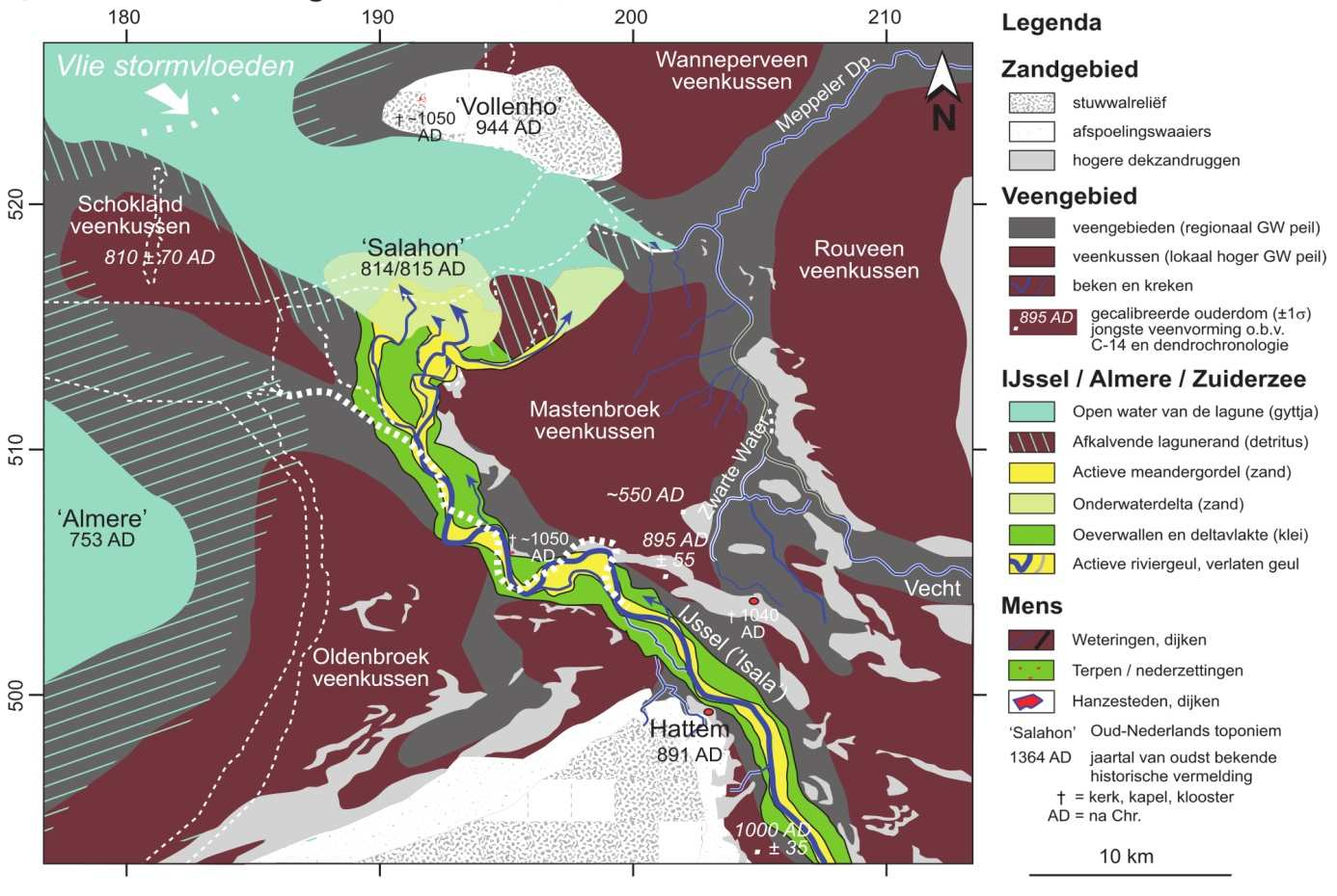 V12-2449: Zomerbedverlaging Beneden-IJssel, gemeenten Kampen en Zwolle Afbeelding 5: Paleogeografische kaart van de IJsseldelta in de Vroege Middeleeuwen (700-1100 n.chr.