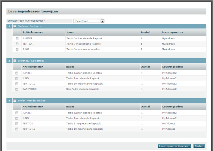 5.4.2.2 Leveringsadres(sen) toewijzen Aangezien in een bestelbon ook de namen van de aanvragers vervat zitten (zie ook punt), is het nodig om de opgeslagen adressen toe te kennen.
