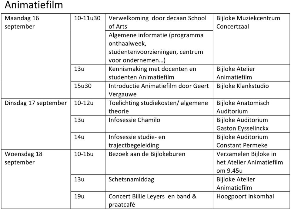 Auditorium Gaston Eysselinckx 14u Infosessie studie- en Bijloke Auditorium Constant Permeke 10-16u Bezoek aan de Bijlokeburen Verzamelen