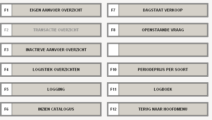 (Figuur 5: Overzichten (F3)) 4.3. Overzichten (F3) Hierin staan verschillende overzichten, waaronder: F1-Eigen aanvoer overzicht : Alle aangevoerde partijen. F2-Transactie overzicht : Alle transactie.