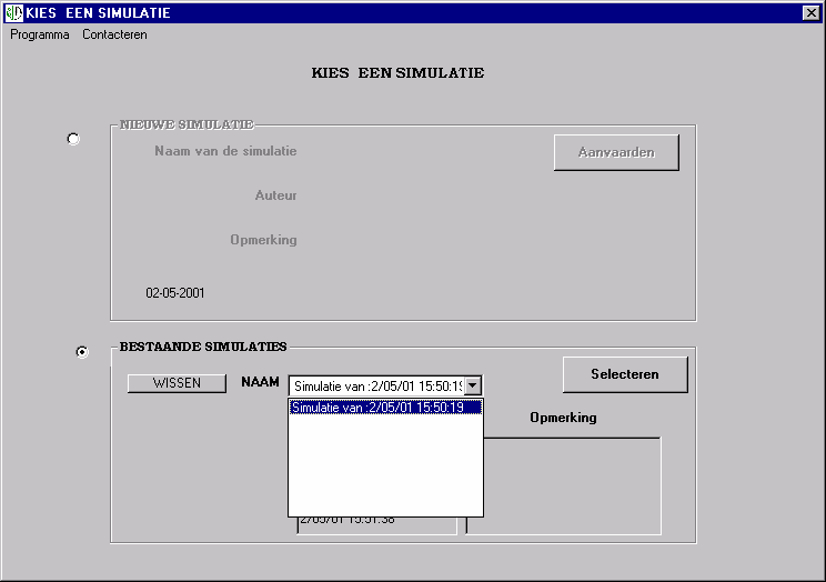 Wenst u echter een bestaande simulatie opnieuw te gebruiken, activeer dan het onderste deel van het scherm door te klikken in het tweede "cirkeltje".