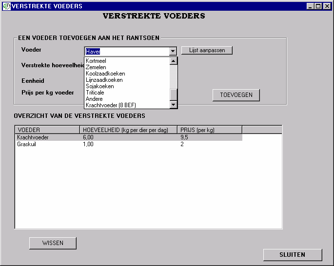 14 Klik vervolgens op "Sluiten". In ons voorbeeld verschijnt het toegevoegde voeder "Krachtvoeder tegen 8 BEF" dan (onderaan) in de keuzelijst.