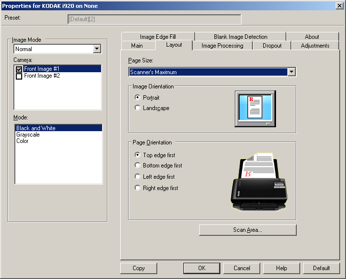 Het tabblad Lay-out Het tabblad Lay-out bevat de volgende opties. Page Size (Paginaformaat) het standaard paginaformaat wordt ingesteld op het moment dat de scanner voor het eerst wordt geselecteerd.