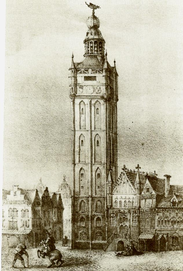 Een tekening uit de 18 de eeuw van het belfort, hoe het belfort zou uitgezien hebben in het begin van de 14 de eeuw.