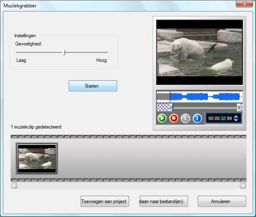 Video's bewerken Venster Music Grabber In het voorbeeldgebied kunt u, met behulp van de positiemarkering op de schuifbalk, naar een bepaalde positie binnen het videobestand gaan.