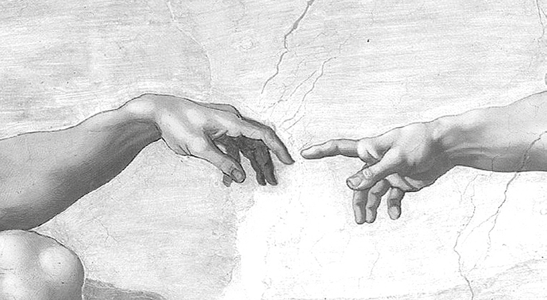 7. Kunst en natuur Kijk naar de prent uit een kunstwerk van Michelangelo. De vinger van Adam (links) wordt niet aangeraakt door de vinger van God (rechts). Wikipedia Beantwoord de vragen.