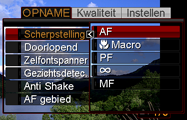 3. Selecteer d.m.v. [8] en [2] de gewenste instelling van het menu en druk daarna op [6]. 4. Verander d.m.v. [8] en [2] de gewenste instelling. Voorbeeld: Wanneer Scherpstelling geselecteerd is op de OPNAME indextab.