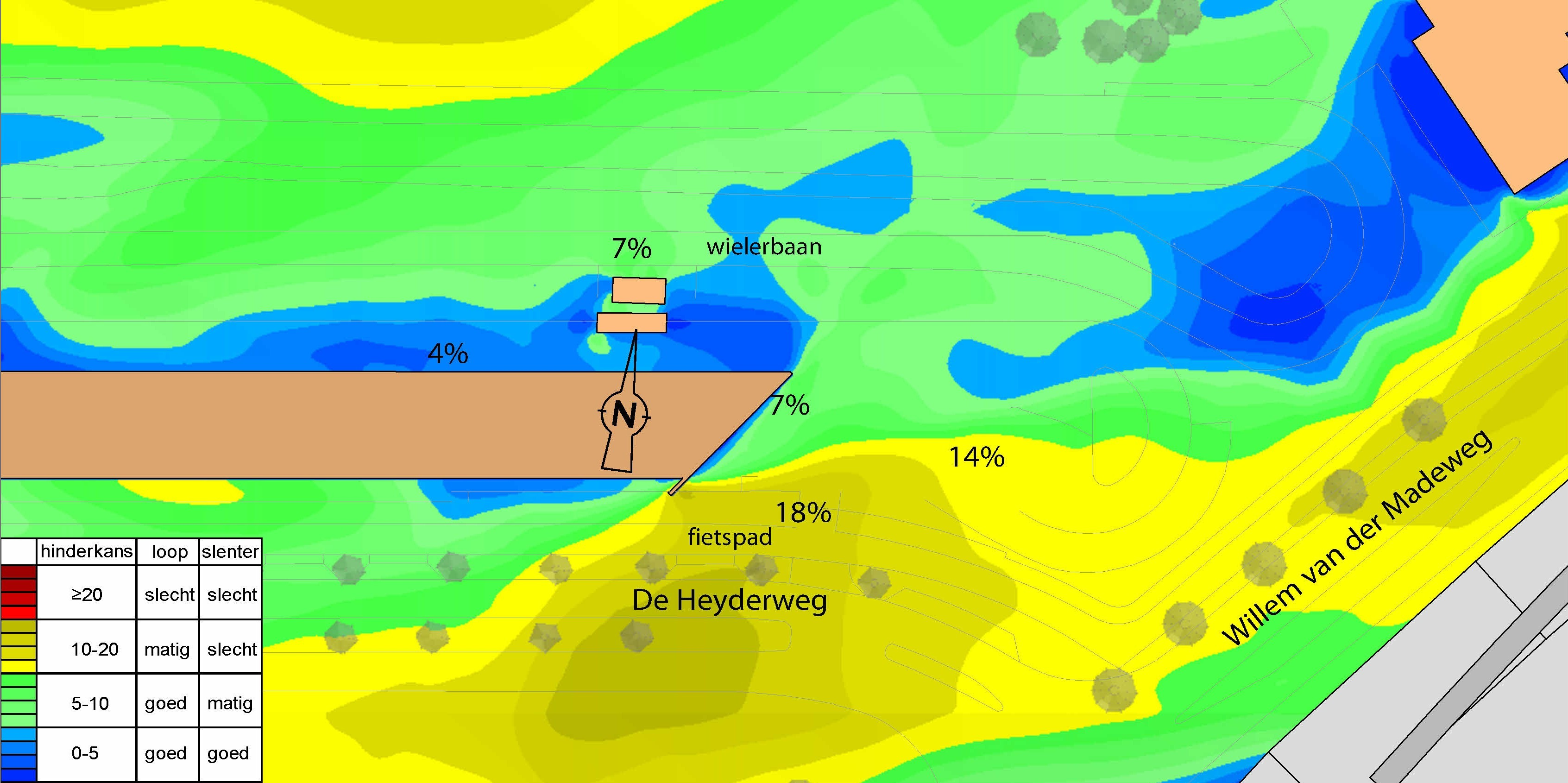 3.1 B e s t a a n d e b e b o u w i n g s s i t u a t i e f3.1 Visualisatie rekenmodel bestaande bebouwingssituatie. f3.2 Het te verwachten windklimaat in de bestaande bebouwingssituatie, beoordeeld volgens de NEN 8100.