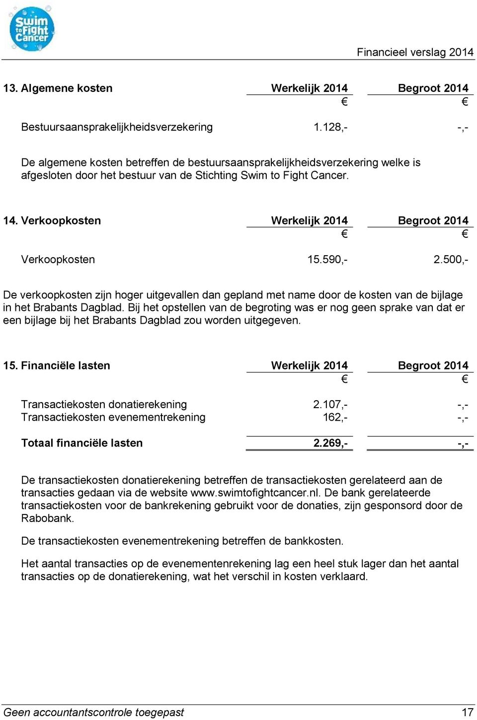Verkoopkosten Werkelijk 2014 Begroot 2014 Verkoopkosten 15.590,- 2.500,- De verkoopkosten zijn hoger uitgevallen dan gepland met name door de kosten van de bijlage in het Brabants Dagblad.