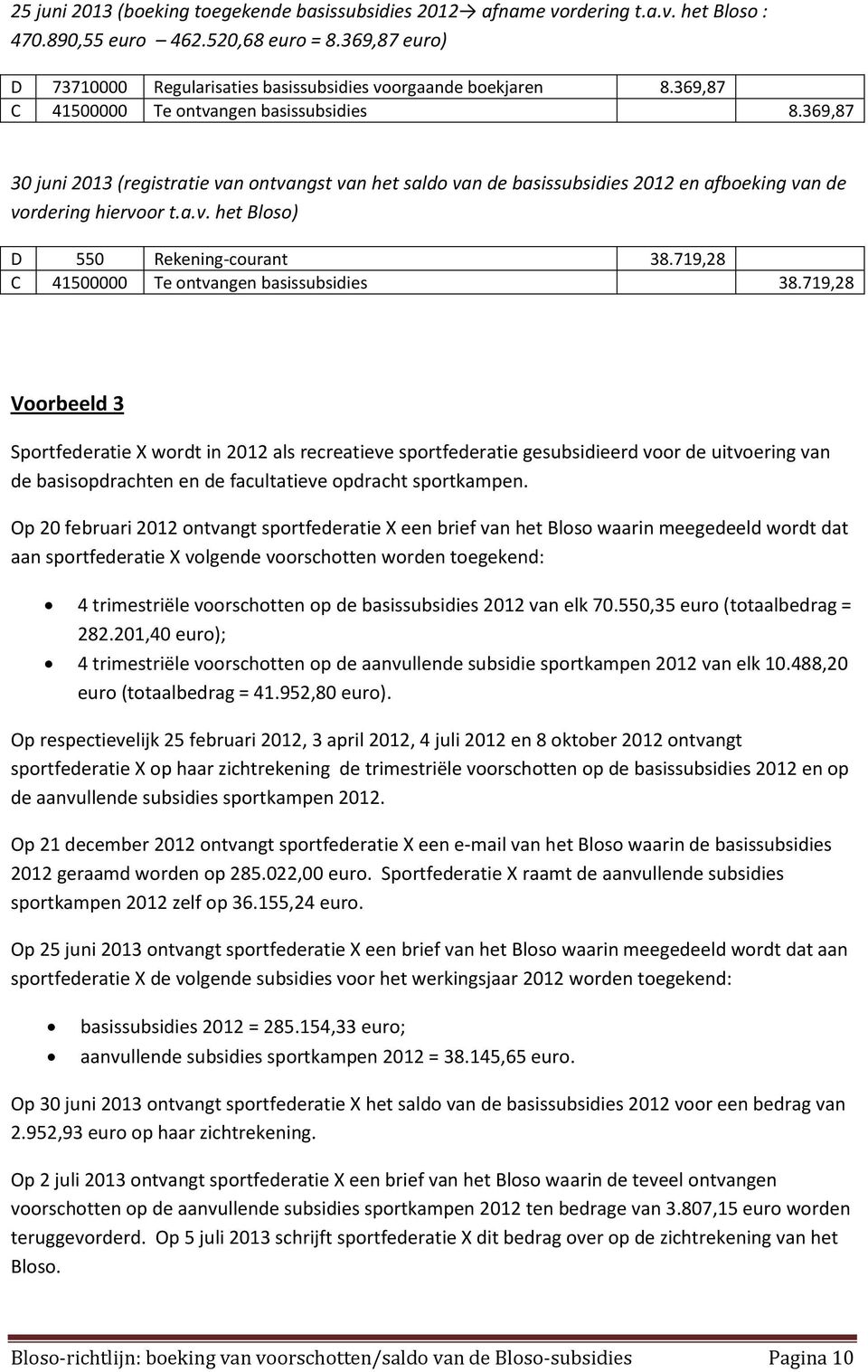 369,87 30 juni 2013 (registratie van ontvangst van het saldo van de basissubsidies 2012 en afboeking van de vordering hiervoor t.a.v. het Bloso) D 550 Rekening-courant 38.