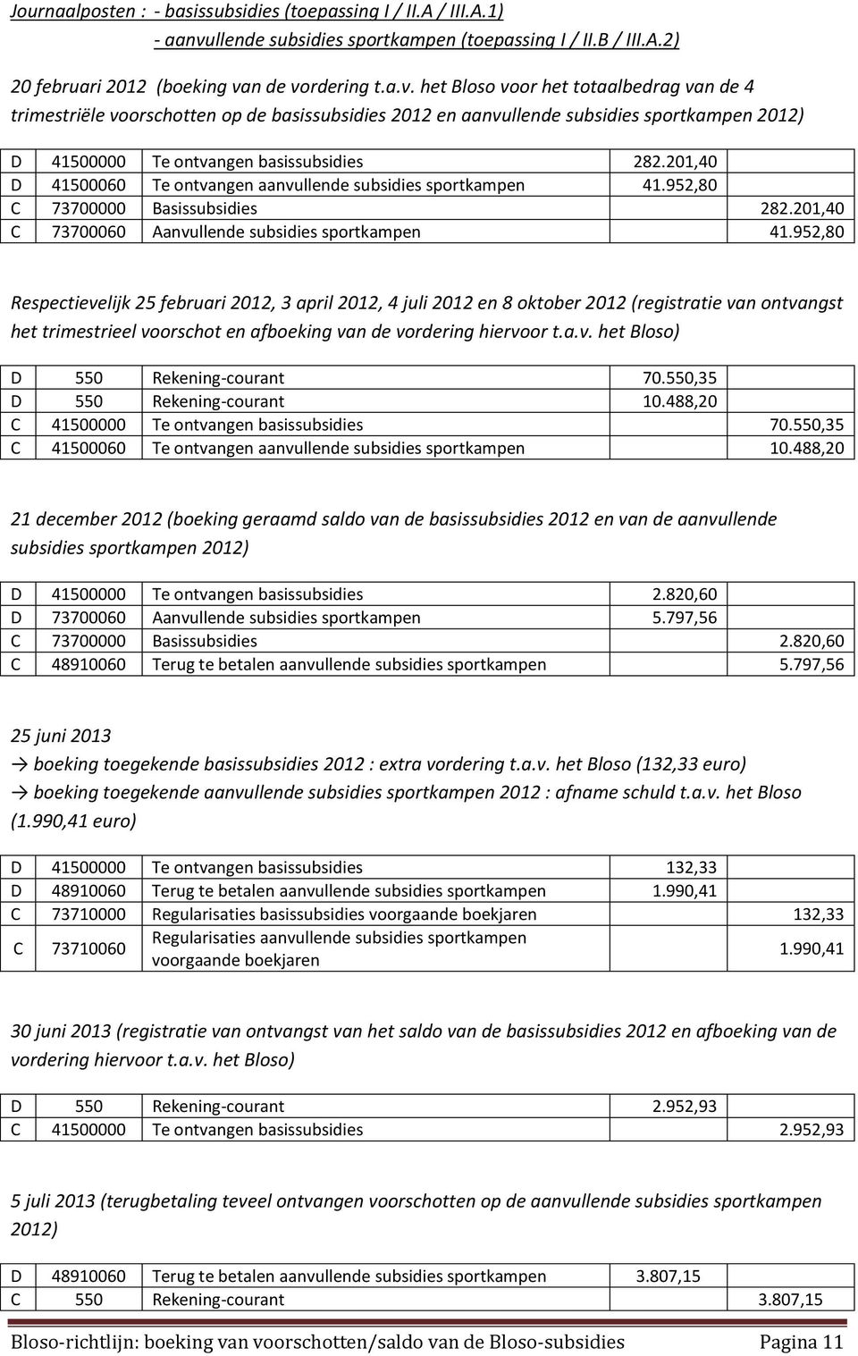 n de vordering t.a.v. het Bloso voor het totaalbedrag van de 4 trimestriële voorschotten op de basissubsidies 2012 en aanvullende subsidies sportkampen 2012) D 41500000 Te ontvangen basissubsidies 282.