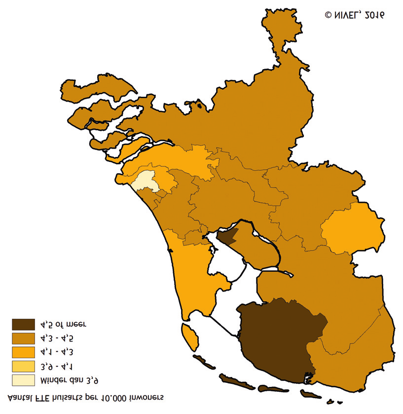 Figuur 3 Huisartsendichtheid (aantal fte huisartsen per 10.000 inwoners) naar ros-regio 1, op 1 januari 2015 Bron: CBs (inwoneraantallen), nivel-huisartsenregistratie.