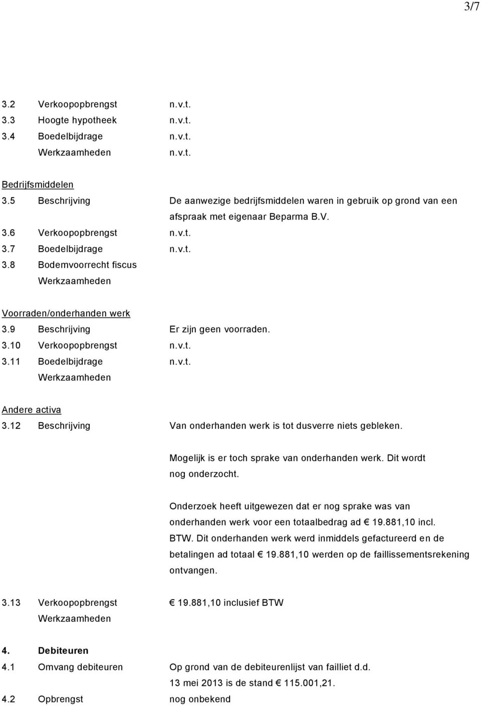 9 Beschrijving Er zijn geen voorraden. 3.10 Verkoopopbrengst n.v.t. 3.11 Boedelbijdrage n.v.t. Andere activa 3.12 Beschrijving Van onderhanden werk is tot dusverre niets gebleken.