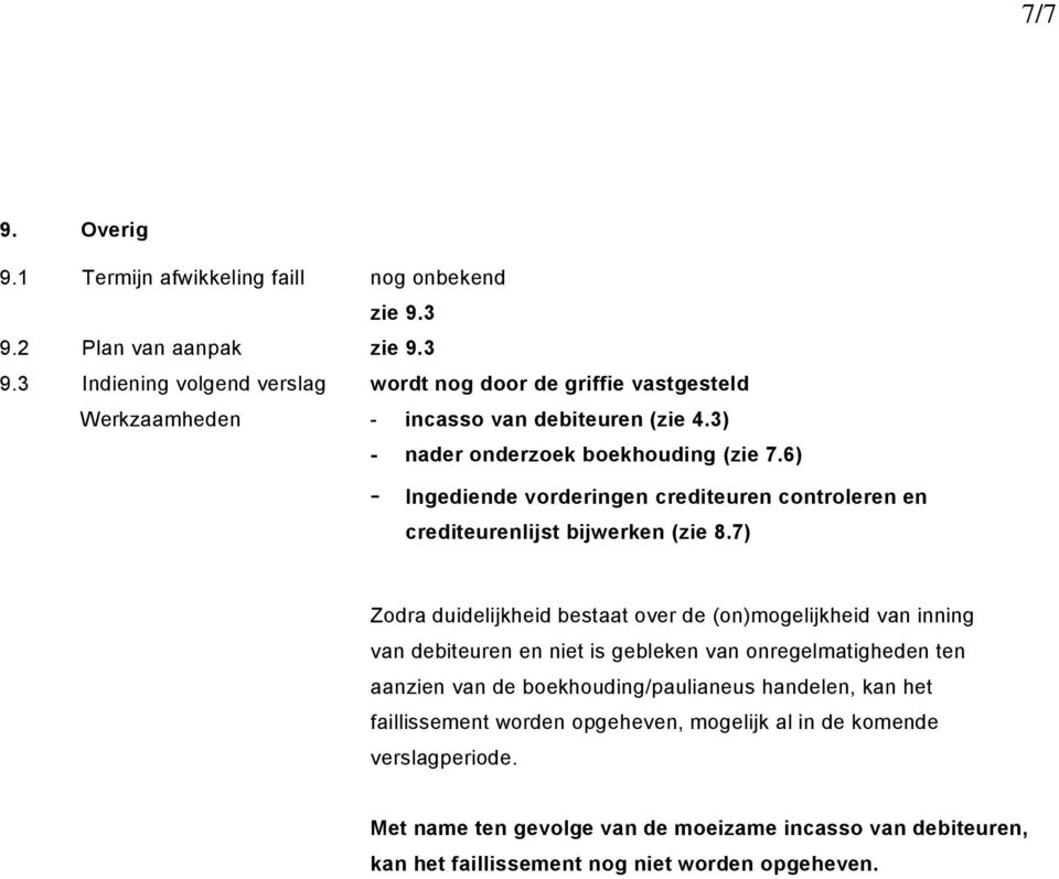 7) Zodra duidelijkheid bestaat over de (on)mogelijkheid van inning van debiteuren en niet is gebleken van onregelmatigheden ten aanzien van de boekhouding/paulianeus