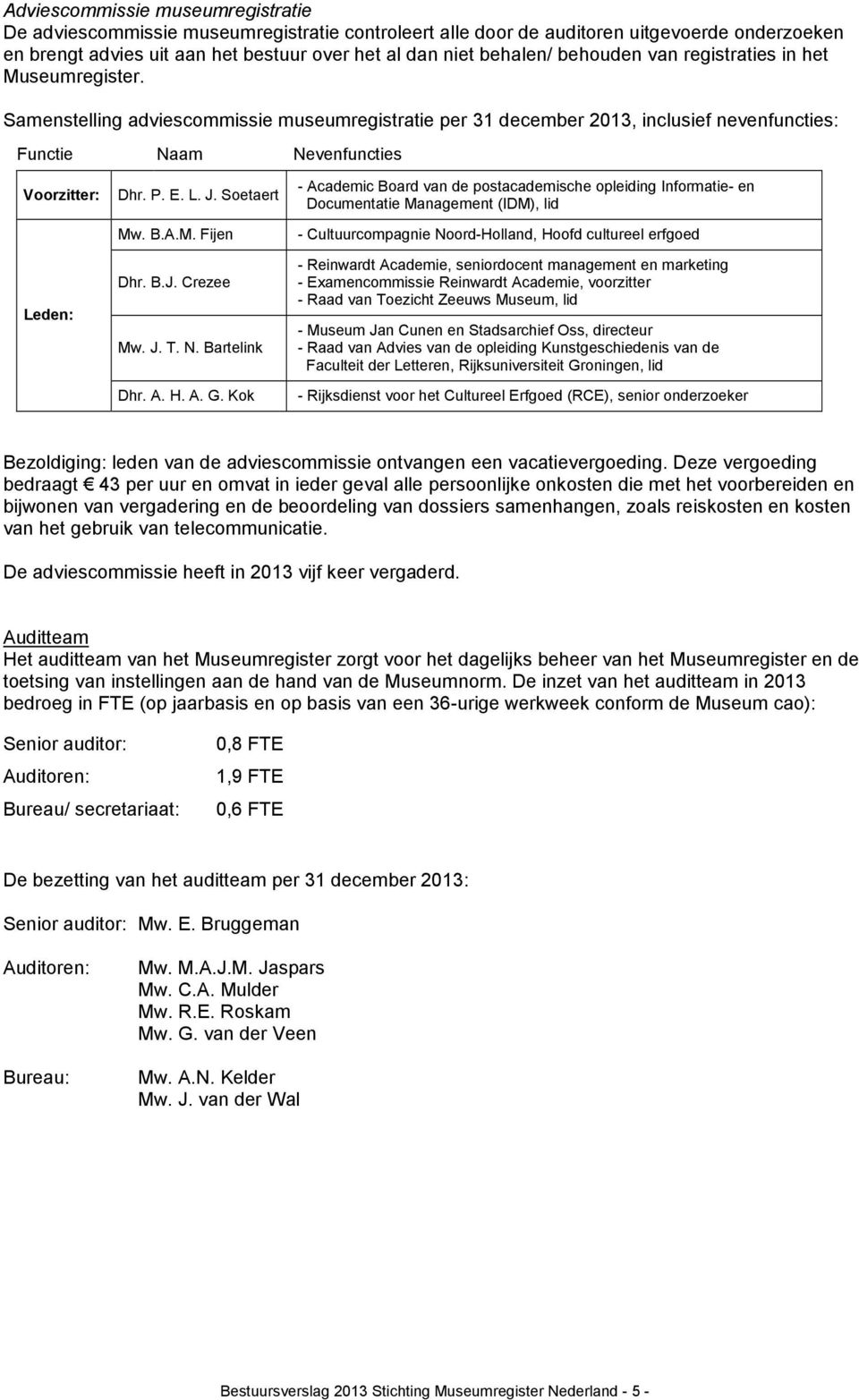 Soetaert Mw. B.A.M. Fijen - Academic Board van de postacademische opleiding Informatie- en Documentatie Management (IDM), lid - Cultuurcompagnie Noord-Holland, Hoofd cultureel erfgoed Leden: Dhr. B.J.