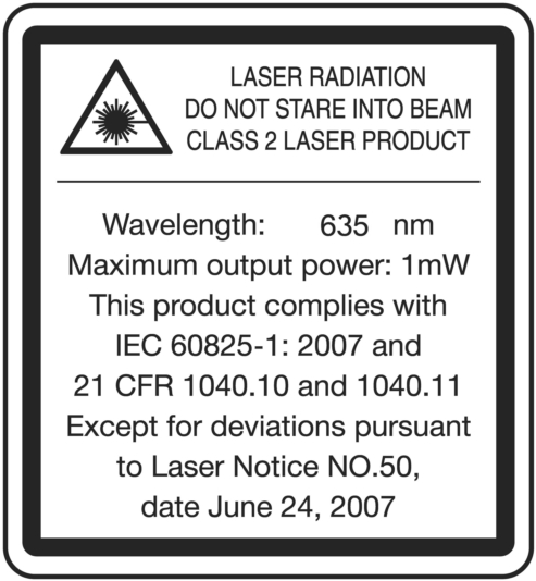 1.3 Laser-informatie op het product Laser-informatie Laserstraling. Niet in de straal kijken. Laserklasse 2. 1.